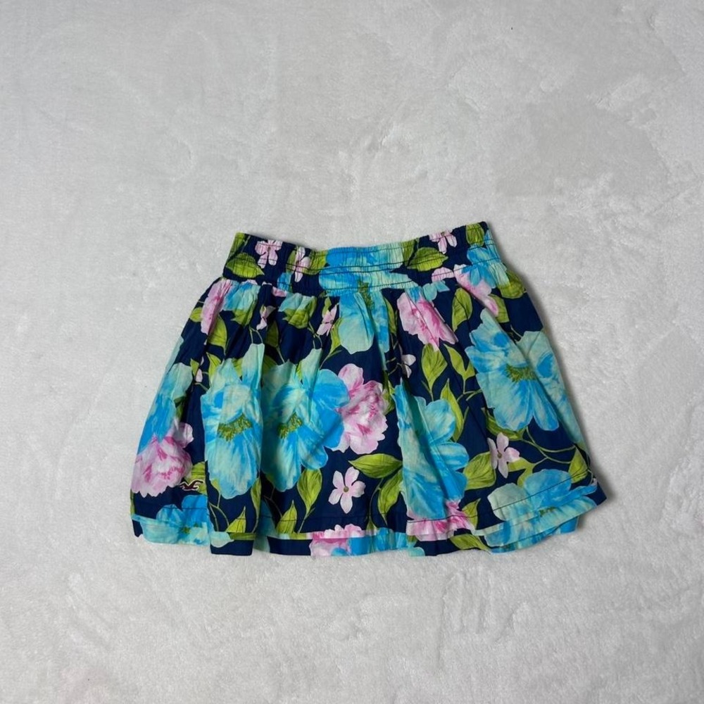 HOLLISTER Short Skirt Small Tropical Hawaiian Blue Floral Lined 100% Cotton Y2K - Picture 2 of 3